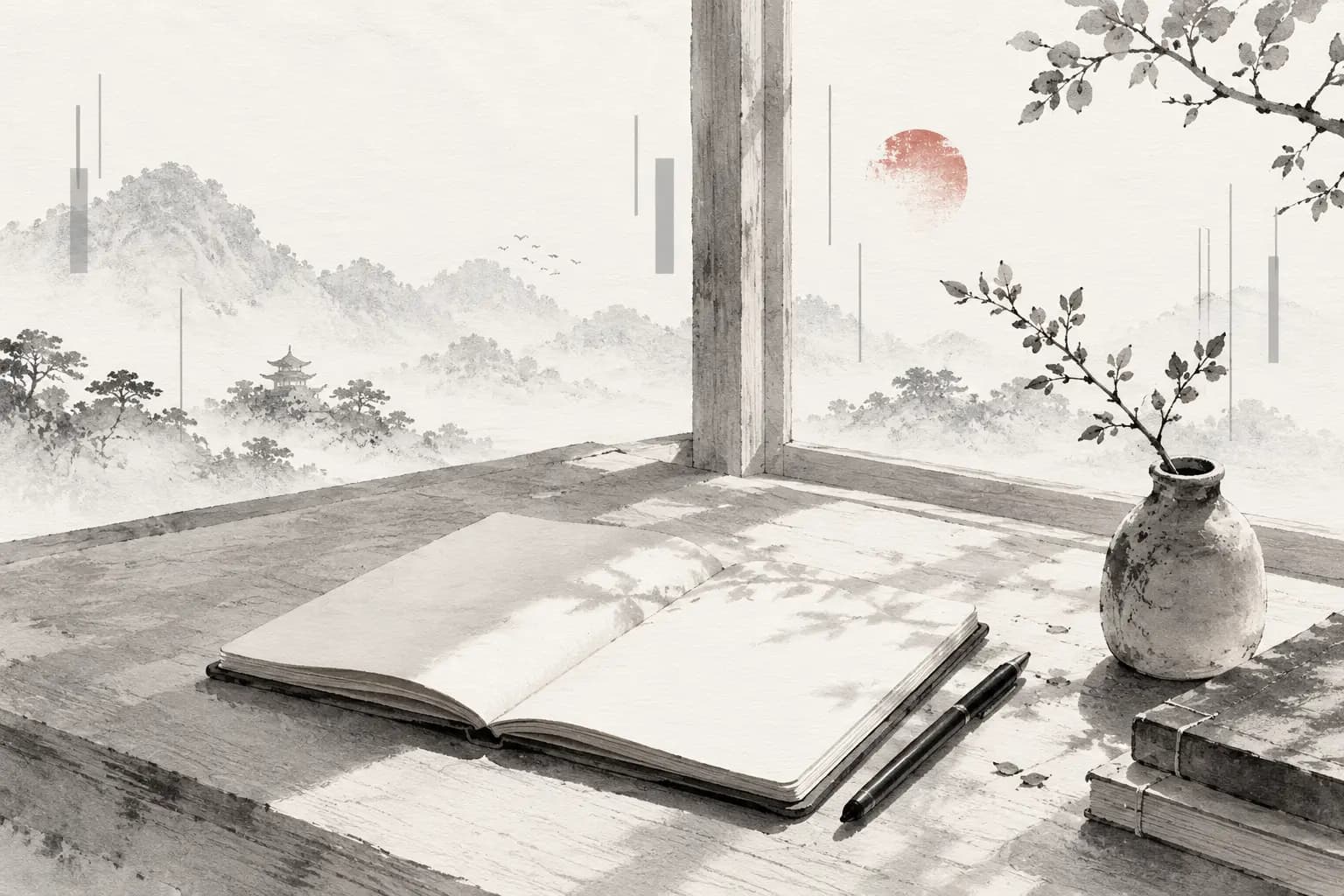 Minimalist workspace with open linen notebook and pen in soft natural sunlight